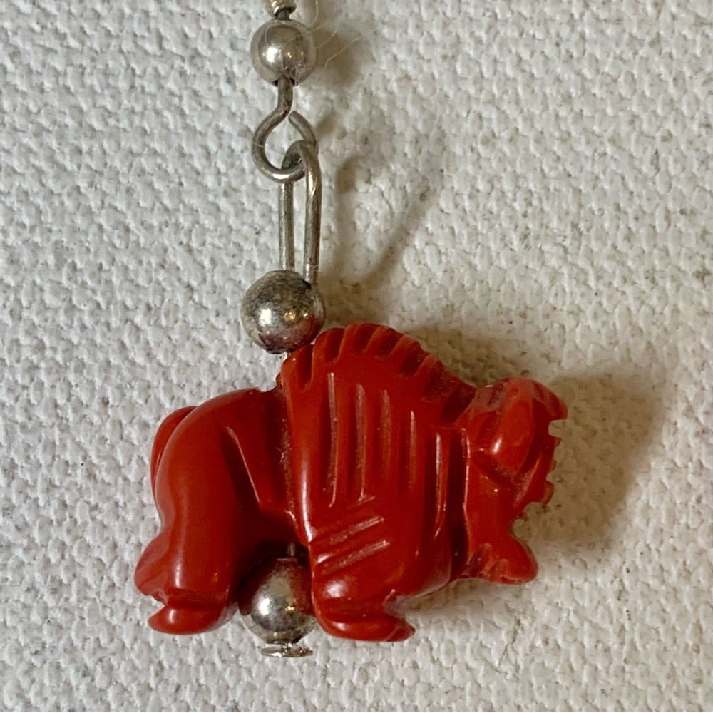 Vintage Southwestern Hand Carved Red Block Coral Buffalo Fetish Dangle Earrings - Picture 11 of 16